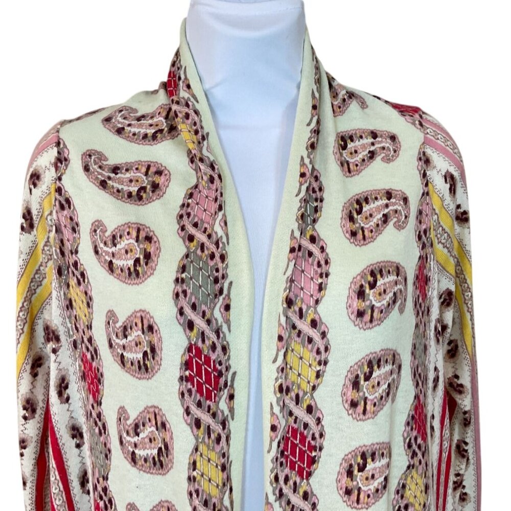 Guinevere by Anthropologie Mint Striped Paisley Fringed Cotton Blend Cardigan Sm - Picture 2 of 8